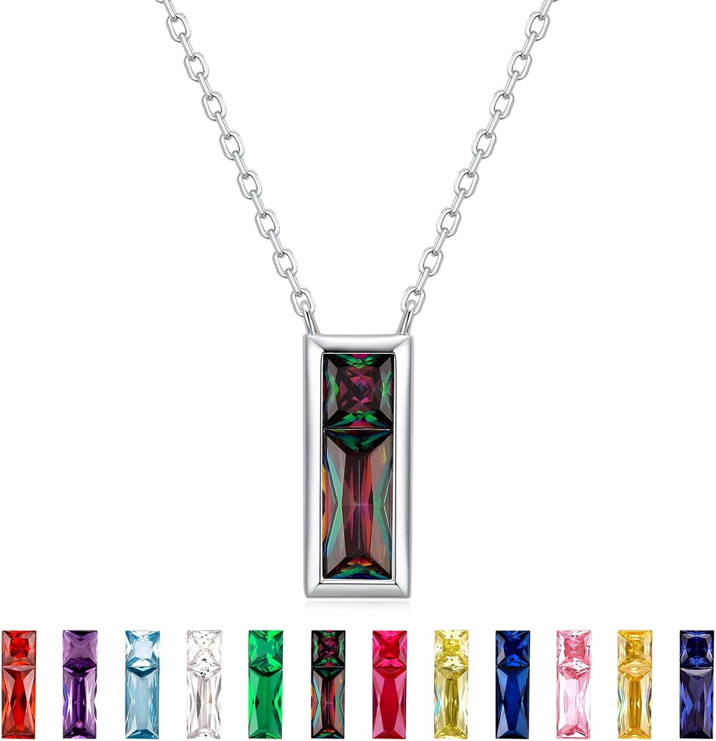 SUNFEEL Birthstone Necklace for Women, S925 Sterling Silver Necklaces with Square Cubic Zirconia Gemstone Necklace Women's Jewelry Anniversary Birthday Gifts for Women Mom Wife Her