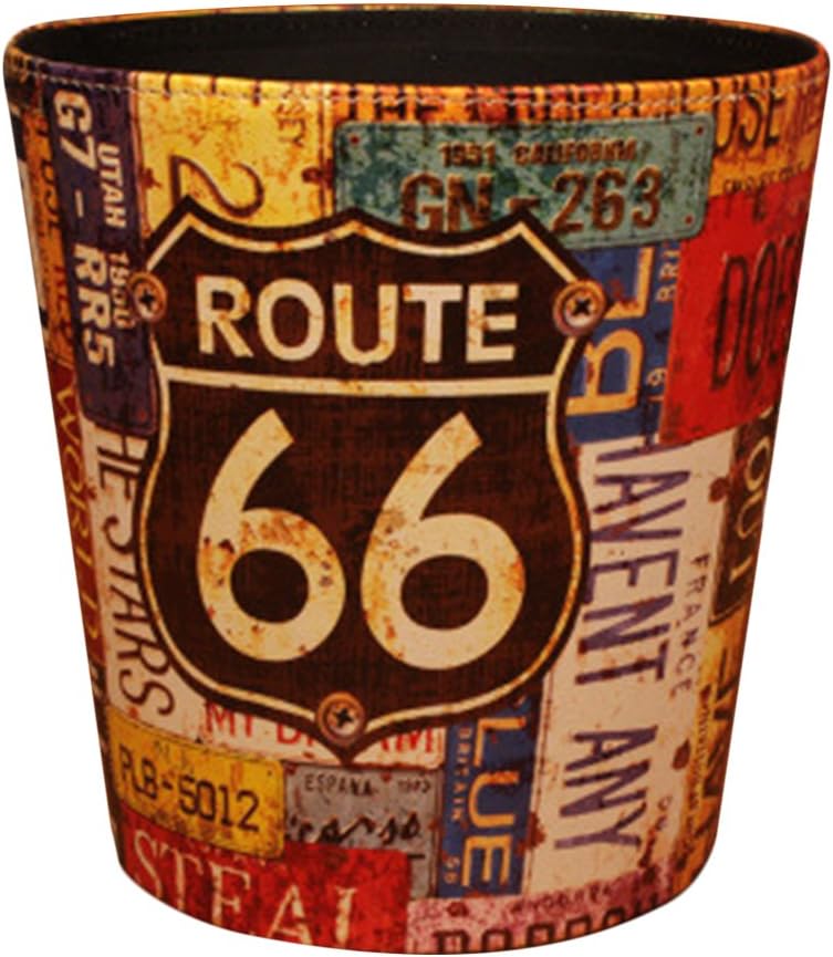 Hipsteen Trash Can, European Style Retro PU Leather Wastebasket Paper Basket Trash Can Dustbin Garbage Bin without Lid - 66 Route Pattern