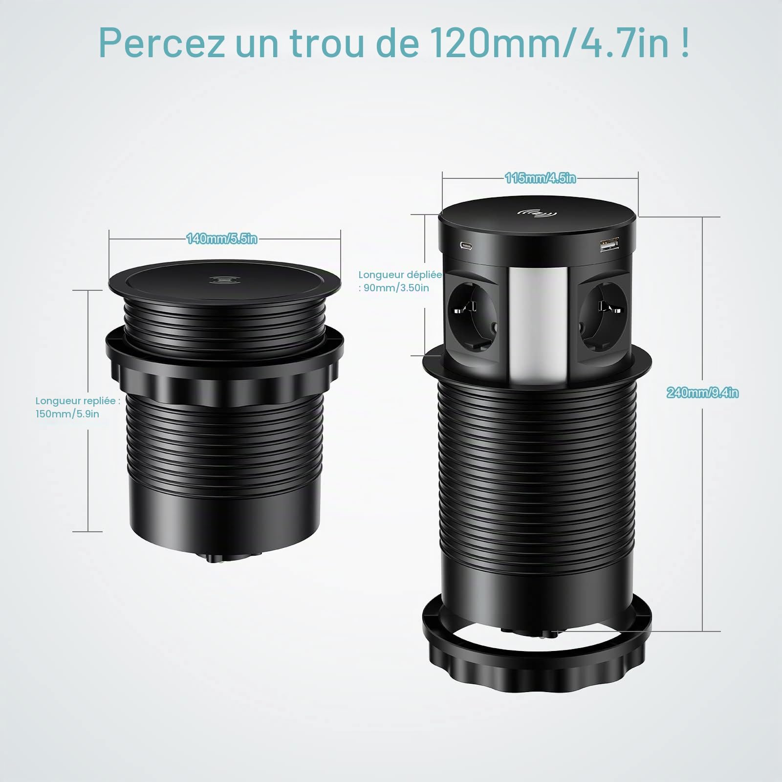 Prise Encastrable Plan de Travail et Bureau, 4 Prises AC + 2 USB-C + 2 USB-A, Chargeur sans Fil 5W, Multiprise Escamotable Automatique, 1,7m de Câble, Noir