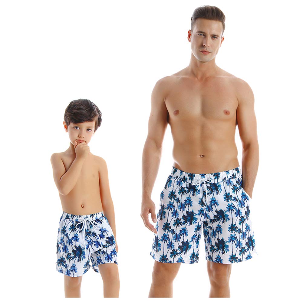 Father and Son Swim Trunks Matching Hawaiian Floral Beach Board Shorts Swimwear with Pocket
