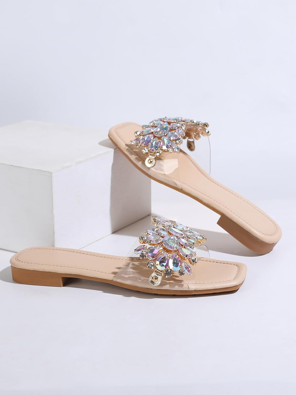Verdusa Women's Rhinestone Clear Flat Sandals Square Toe Slide Sandals - Image 3