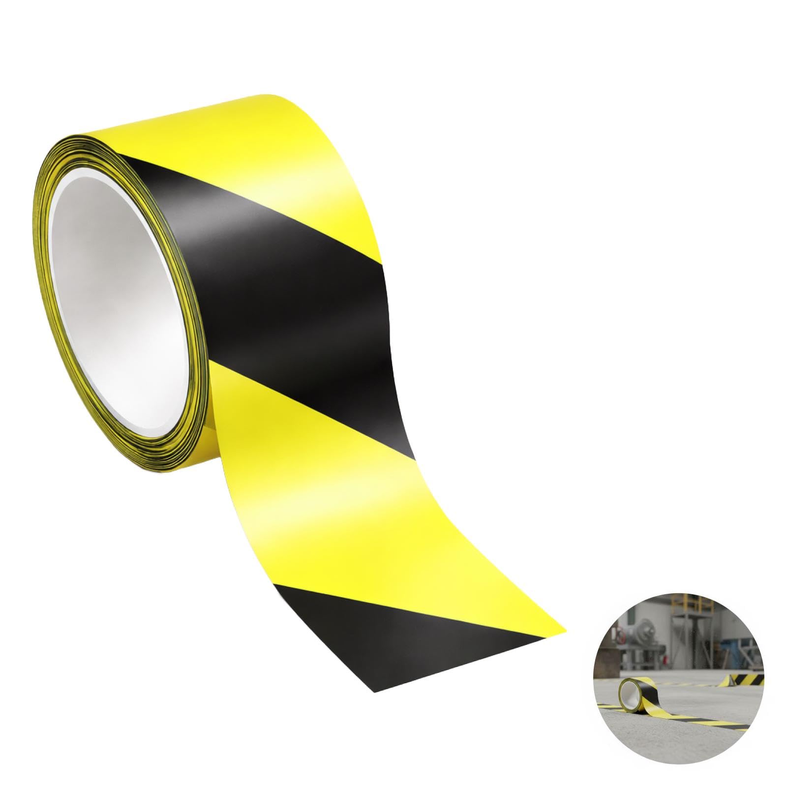 Lot de 4 rouleaux de ruban de sécurité noir et jaune, 50 mm x 100 m, adhésif fort pour marquage au sol, entrepôt industriel, usine et chantier, avec ciseaux pour une pose immédiate