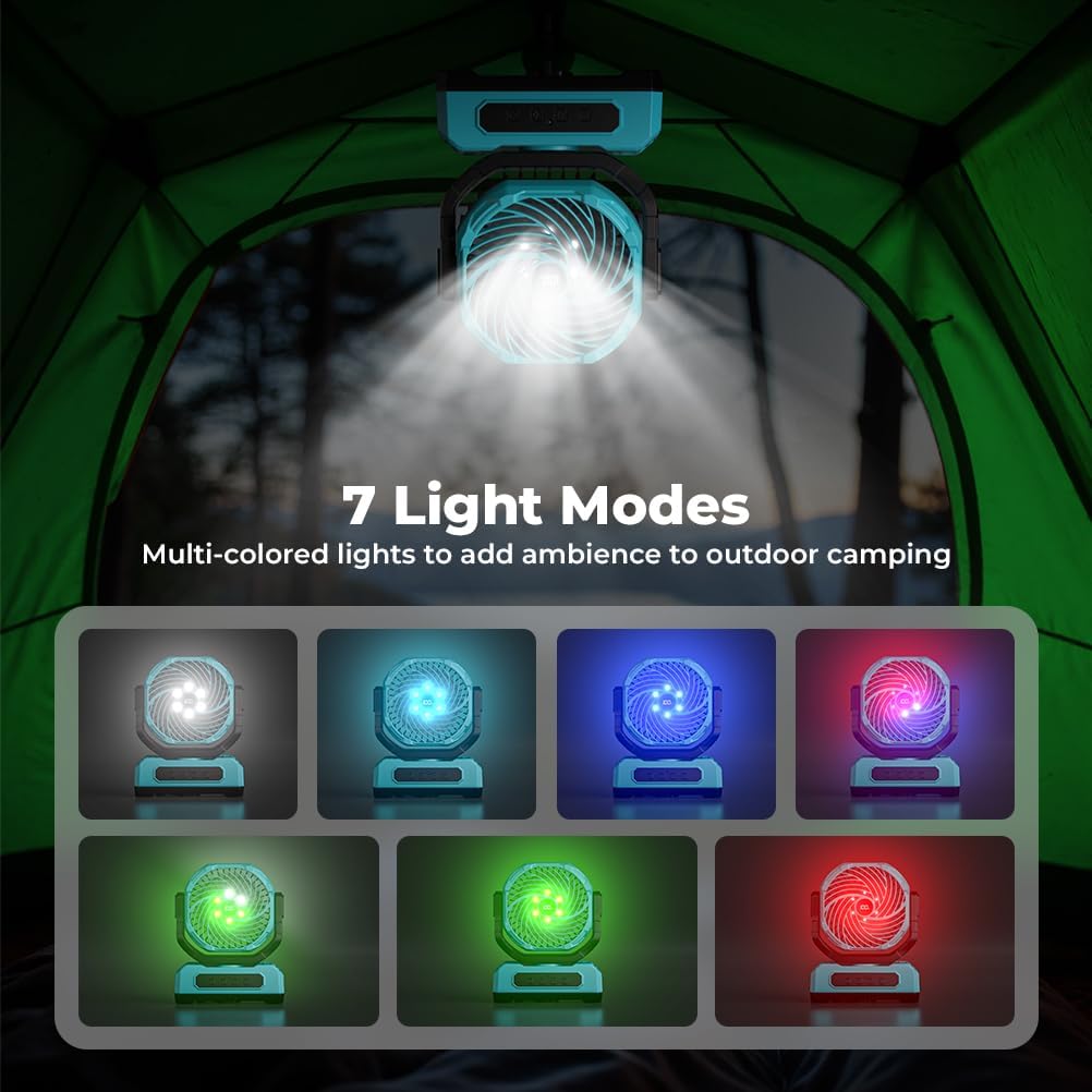 30000mAh Portable Camping Fan with RGB Lantern, Rechargeable Battery Powered Oscillating 4 Wind Speeds LED Display, Remote Control Timer Tent Beach Cordless USB Fans for Travel Home Outdoor, Blue