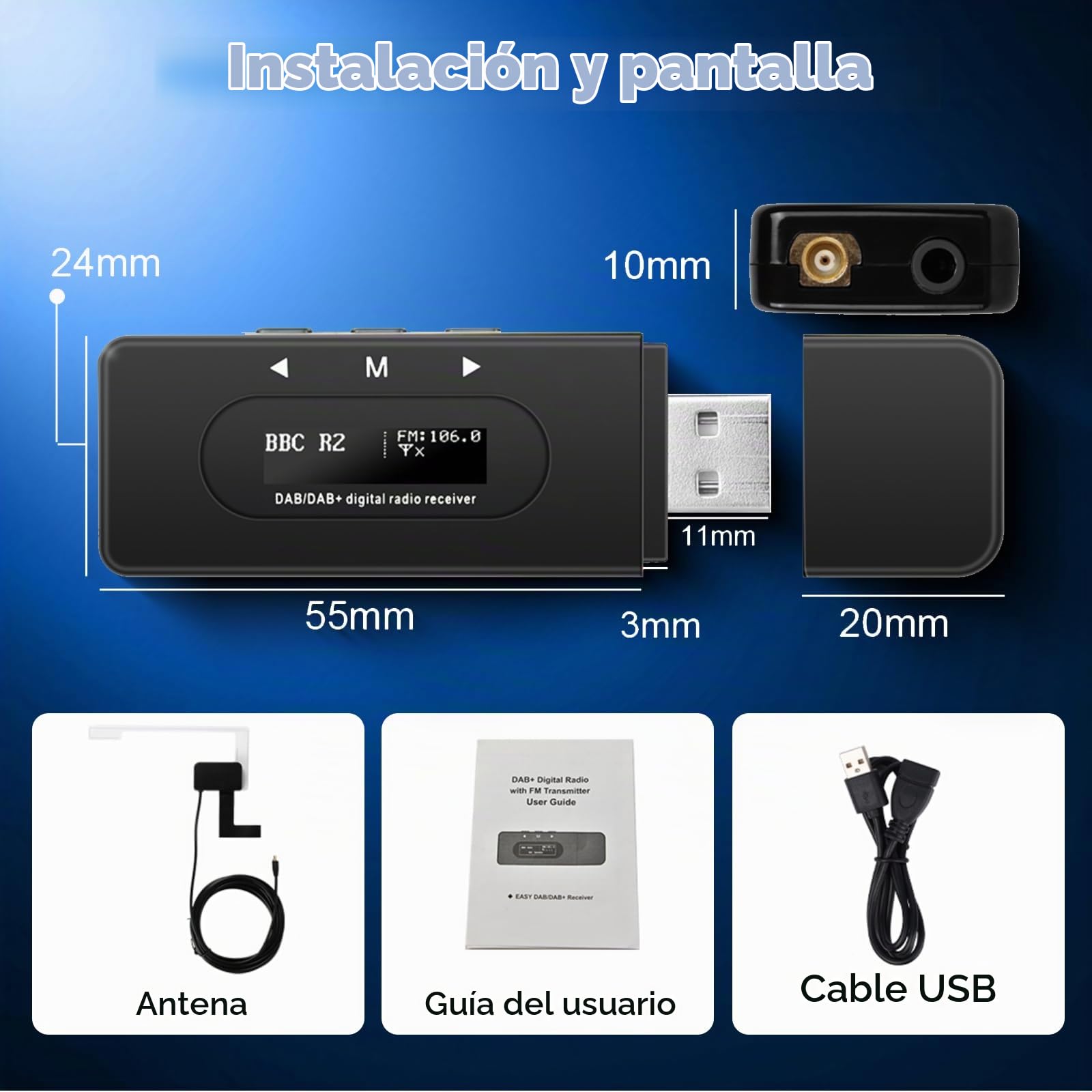 Hodozzy Adaptador Dab/Dab+ para Coche-Receptor de Radio Digital Dab con Antena Activa, Dongle USB 2.0 Módulo Dab Radio Universal, Transmisor FM, Pantalla OLED, Función Line-out para Radios MP5/MP3