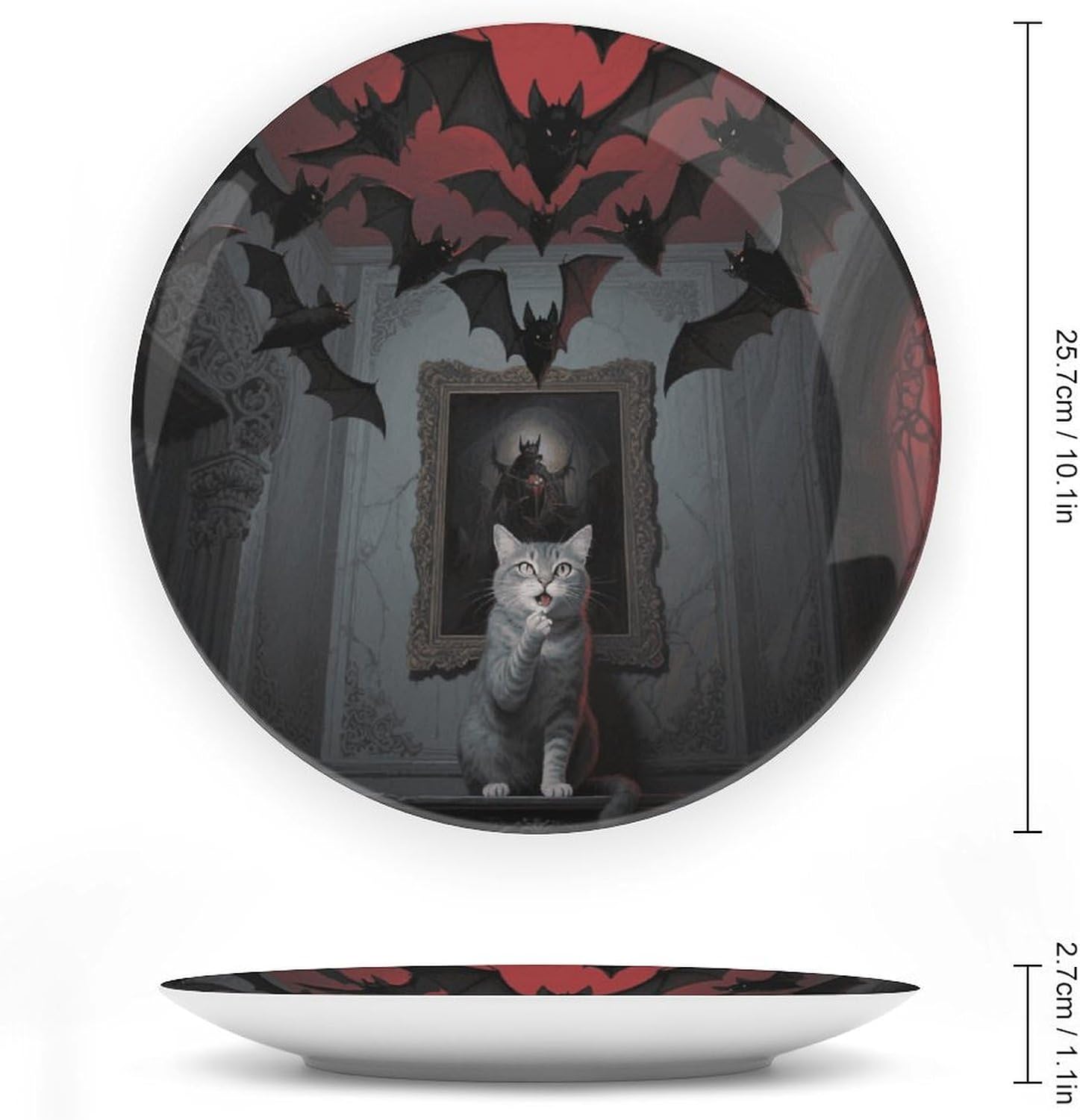 Horror Skull Theme Cat Decorative Plates Ceramic Decorative Plates for Display Bohemian Style Dinner Plate with Display Stand China Plate for Home Decoration 10inch