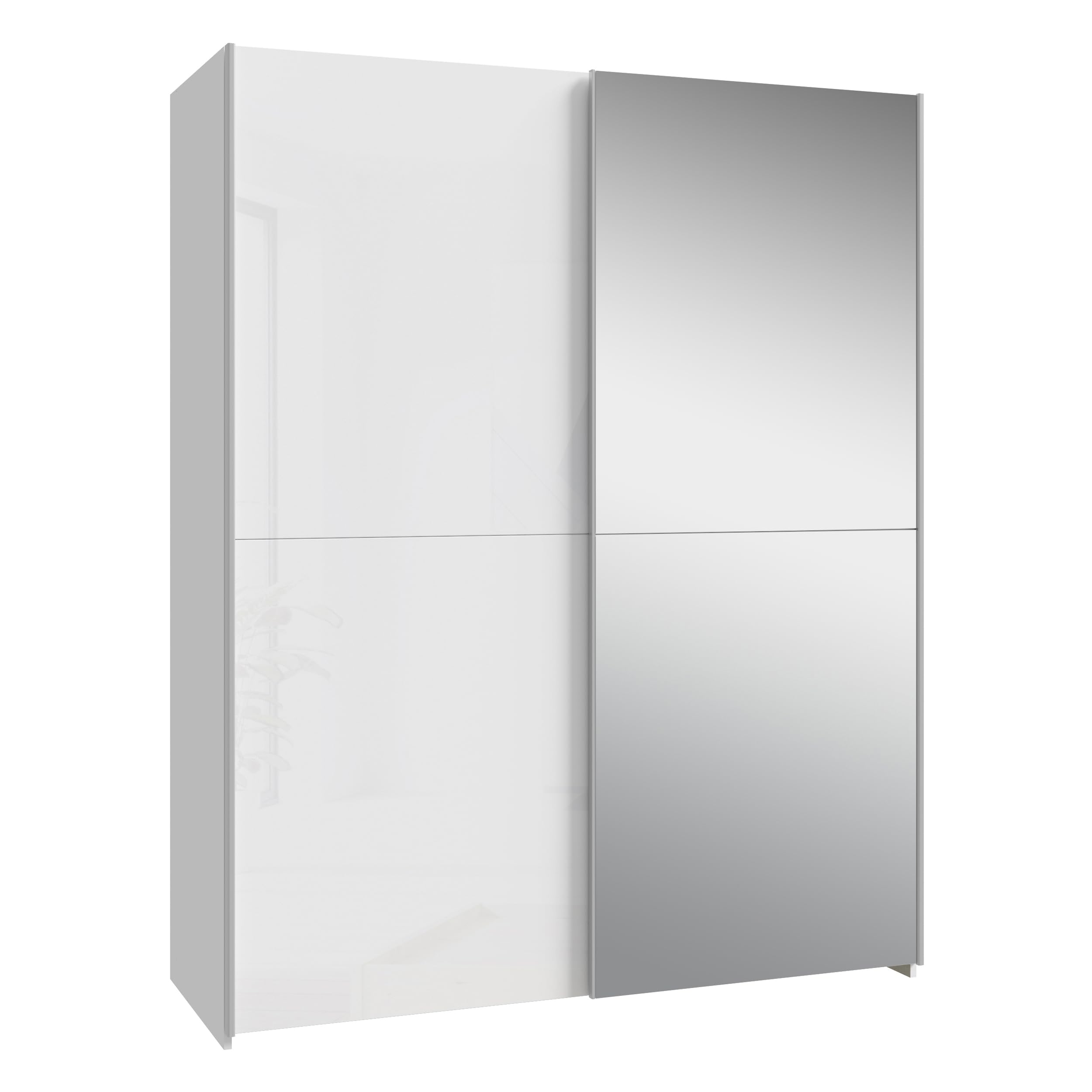 Forte Schach & MATT Kleiderschrank 150, Moderner Spiegelschrank mit Schwebetüren, 2-türig, Holzwerkstoff, Weiß, 150,1 cm breit, 190,5 cm hoch, x 61,2 cm tief
