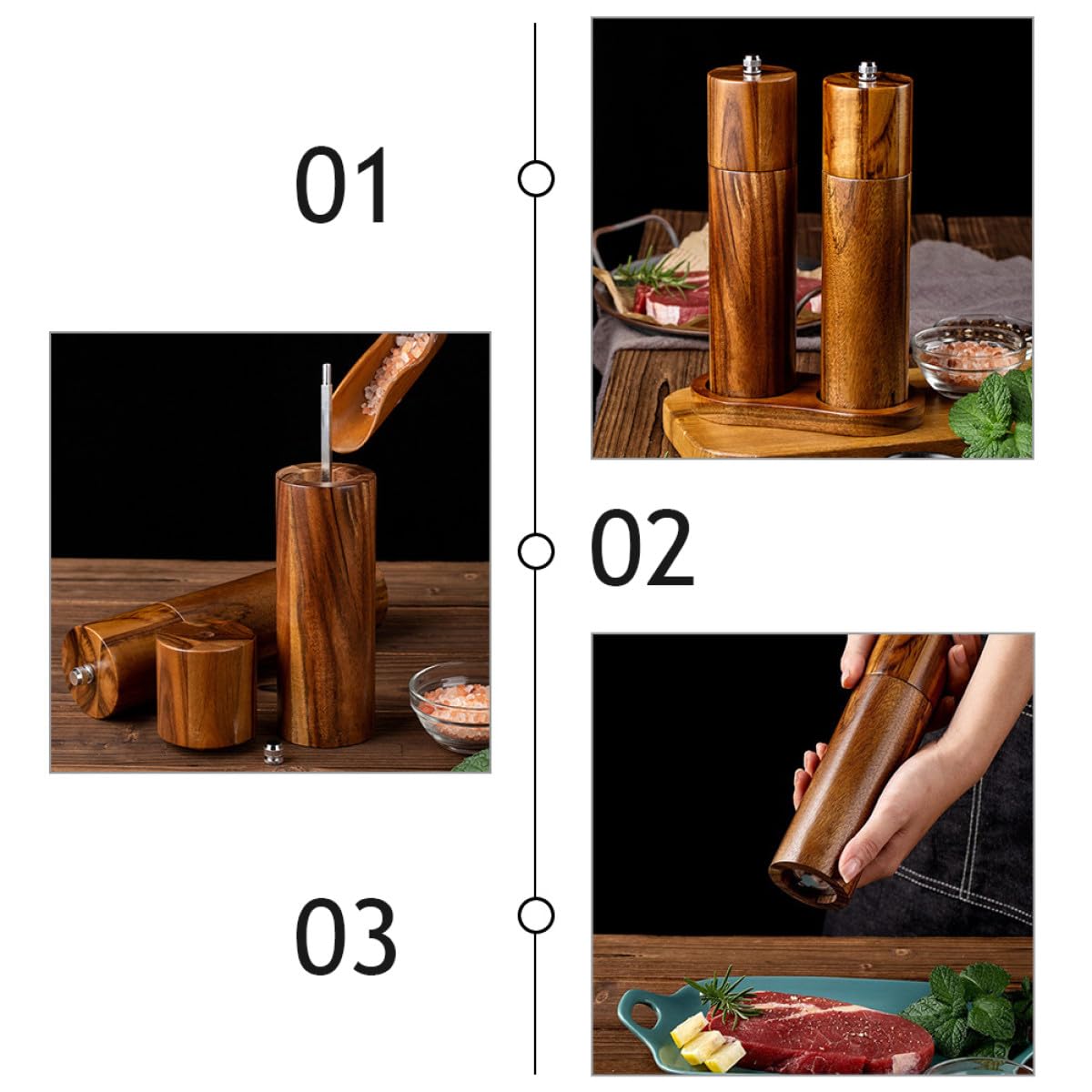 CALLARON Manuelle Bedienung und Keramikmahlwerk Nachfüllbar Einfache Pfeffermühle aus Akazienholz mit Küche und Gewürze