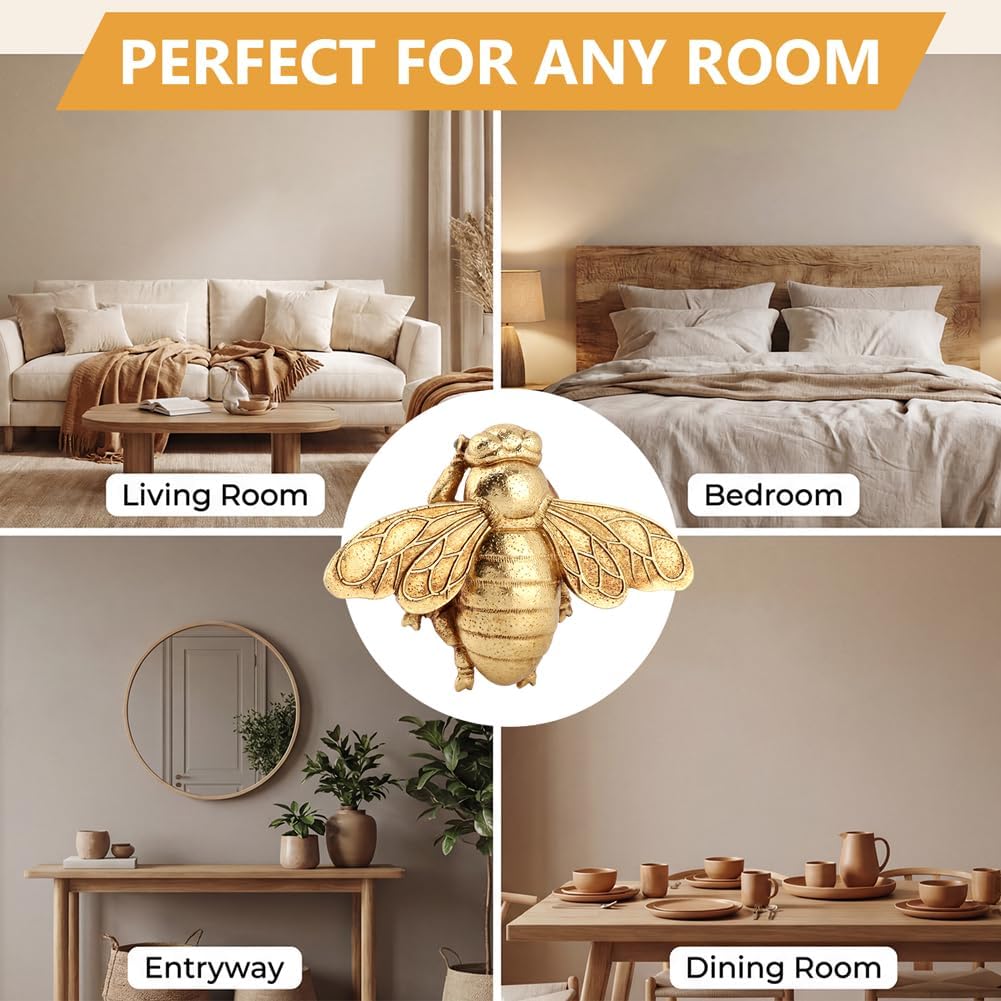 DOQXYAVM Gold Honey Bee Wall Art Decor, 3D Resin Bee Wall Sculpture, Hanging Insect Home Decoration for Living Room, Bedroom, Bathroom, Kitchen (S)