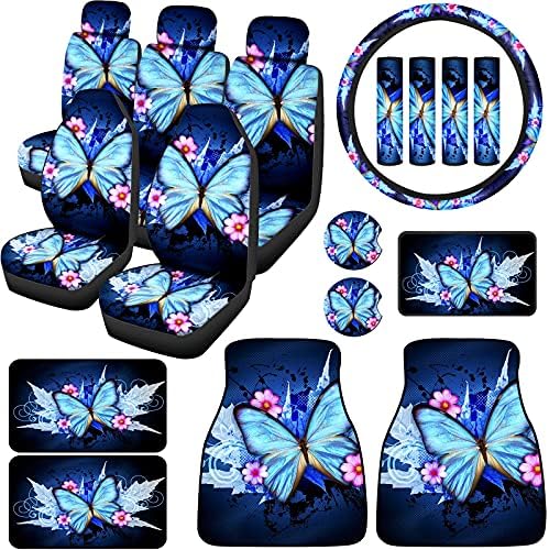 19 Pcs Butterfly Car Seat Covers Full Set for Women Butterfly Universal Car Accessories Rubber Steering Wheel Cover Gear Shift Front Rear Foot Mats Armrest Shoulder Pads for Cars SUV