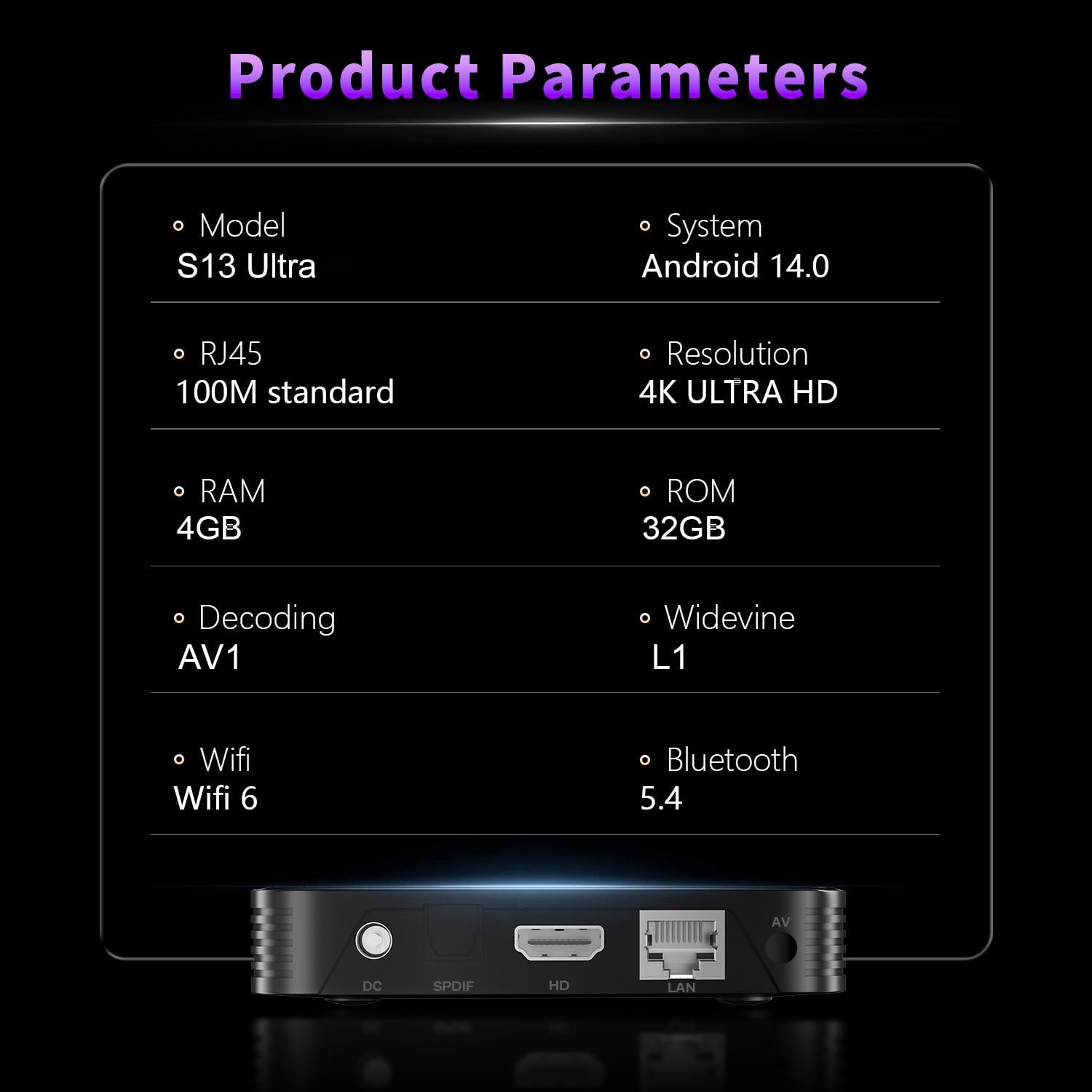 S13 Ultra 4K Android TV Box, YouTube Certified, Android 14, WiFi 6, AV1 | YouTube Certified ,RK3539 4GB+32GB,4K HDR10 AV1,WiFi 6 BT5.4 Voice Remote