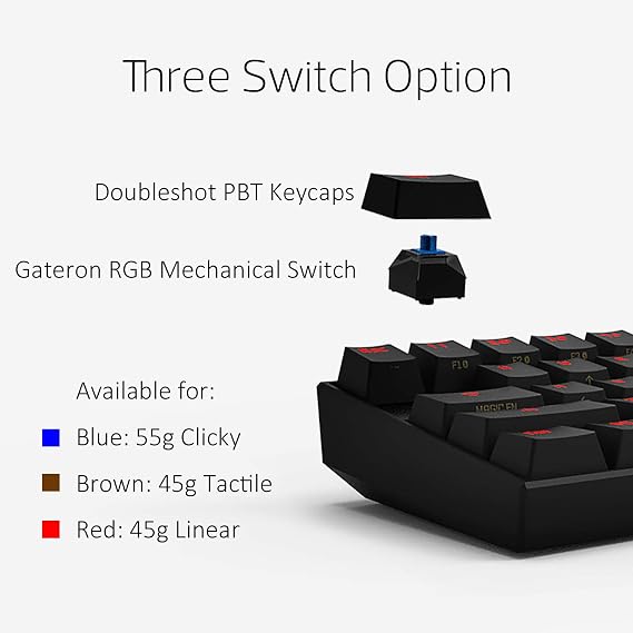 Mechanical Gaming Keyboard 60% True RGB Backlit - Wired/Wireless Bluetooth 5.0 PBT Type-c Up to 8 Hours Extended Battery Life, Full Keys Programmable (Gateron Red, Black)