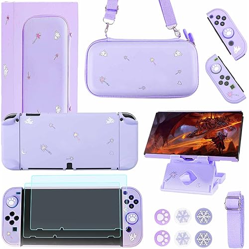 GUTIAL Accessories Bundle for Nintendo Switch OLED - Purple Girly Accessories Kit for Nintendo Switch Oled with Carry Case Screen Protector Cover Case kawaii Stand Cute Thumb Grips for Girls - Purple