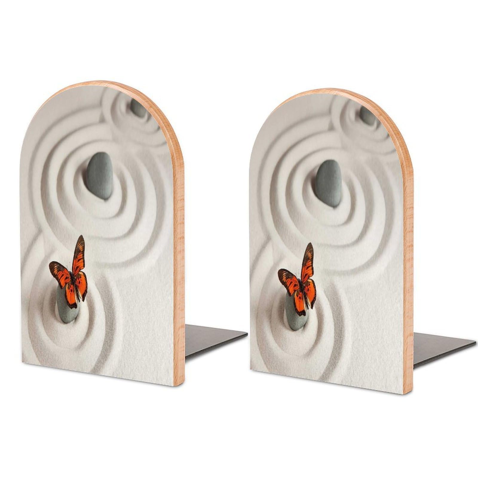 Zen Rock on The Sand Butterfly Serenity Life Cycle Nature Meditation Decor Beech Wood Bookends Heavy Duty Book Organizers Desktop File Holder for Office Home Bookshelf