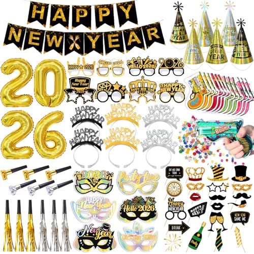 77Pcs New Years Eve Party Supplies 2026 Happy New Years Decorations Includes Happy New Year Banner Hats Headbands Fireworks Confetti Injectors Glasses Masks Squawkers Photo Props Foil Balloons