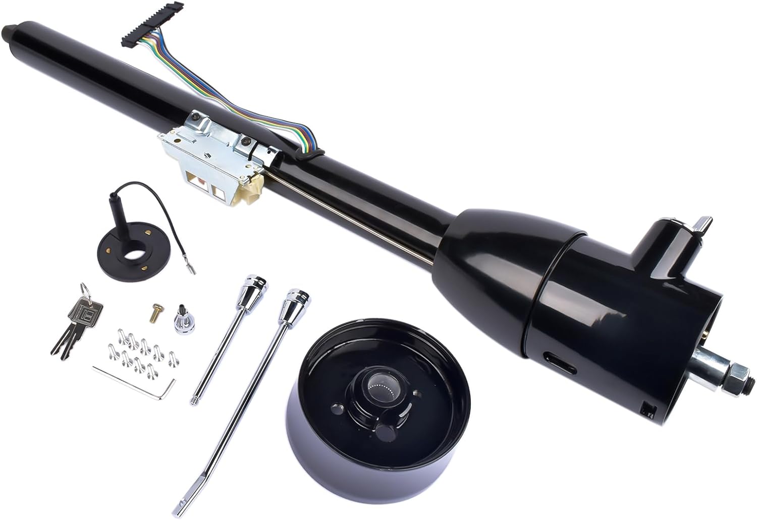 GELUOXI GM Replacement 32" Tilt Manual Steering Column Floor Shift Hot Rod - Black Stainless Steel w/ Key & 9-Hole Adapter