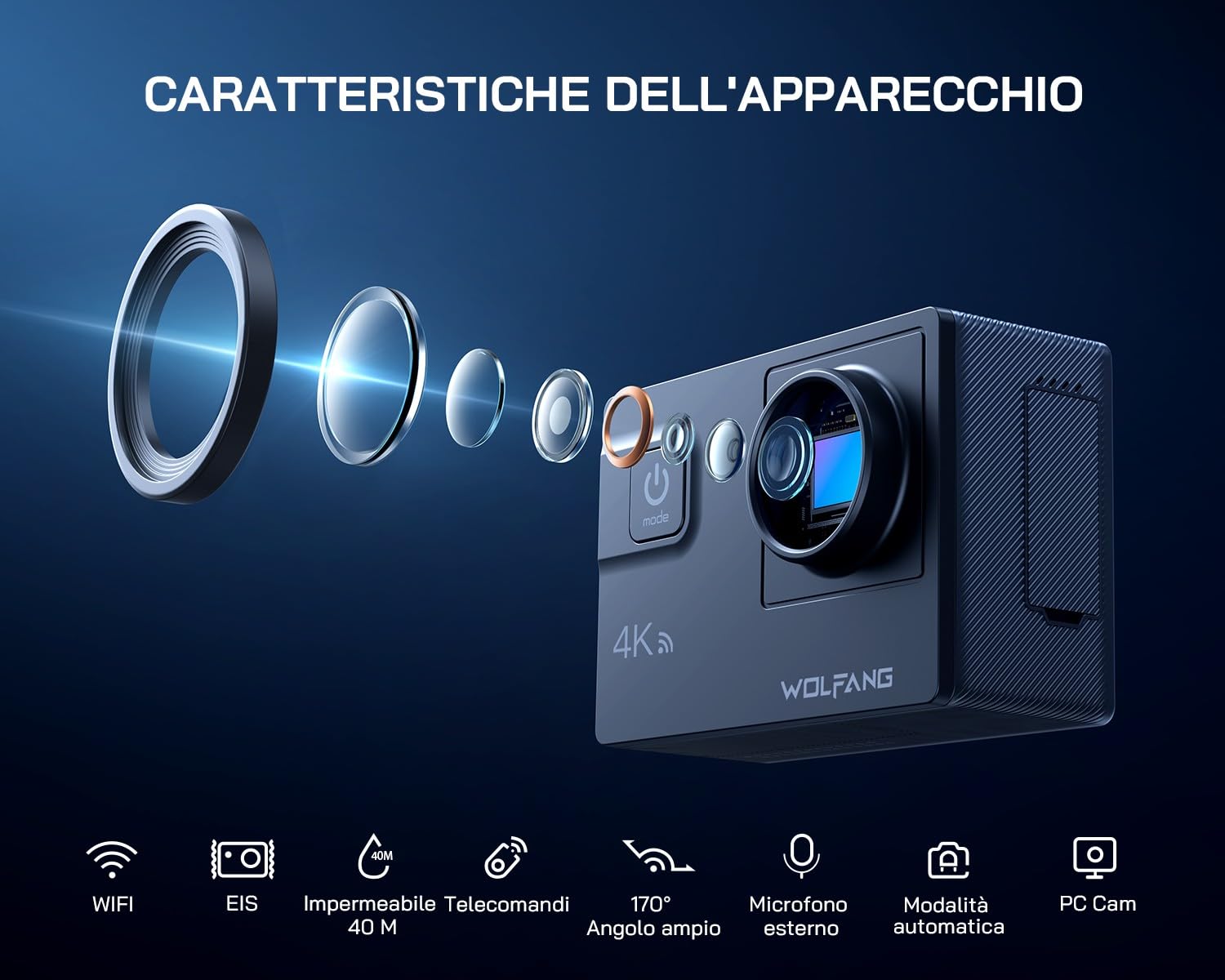 WOLFANG Action Cam GA300 4K 60FPS, 20MP WiFi EIS Action Camera con schermo tattile, 8X Zoom Fotocamera Impermeabile 40M Subacquea Videocamera, Mic Esterno, Telecomando 2x1350mAh Batterie e Accessori