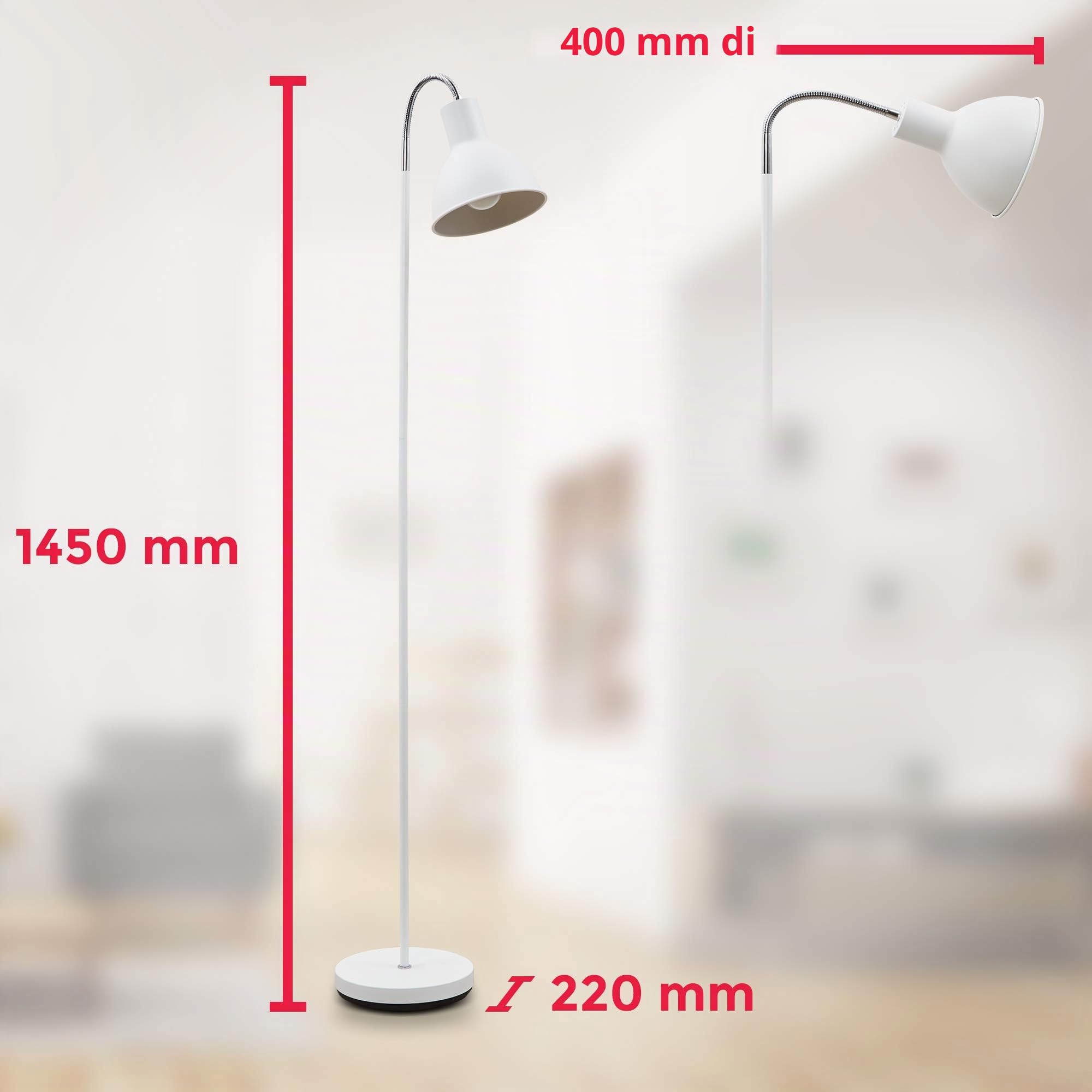 B.K.Licht Lampada da terra salotto, Piantana Lampada da Terra, orientabile, altezza 145cm, adatta per 1 lampadina E27, interruttore a pedale, Lampade da terra, Lampadario Soggiorno da Terra, bianca