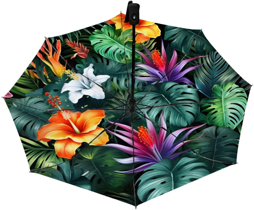 Colorful Palm Leaves Flowers Folding Umbrella Windproof Compact Lightweight Travel Umbrella with 8 Reinforced Ribs, Portable UV Sun & Rain Protection for Men & Women