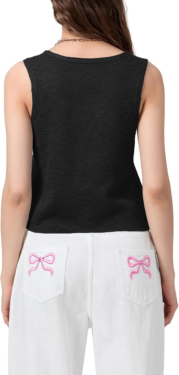 Womens Vintage Knittd Tank Y2k Vest Crop Top Sleeveless V-Neck Open Front Button Crochet Knit Vests Versatile Tops - Image 3