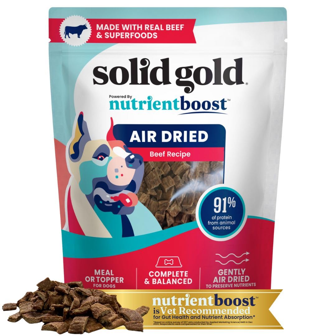 Solid Gold Air Dried Dog Food Toppers for Picky Eaters - Healthy Dog Treats Made with Real Beef to Serve as Meal Topper or Dog Treat - Supports Muscle Growth, Immunity, and Healthy Digestion - 1 LB