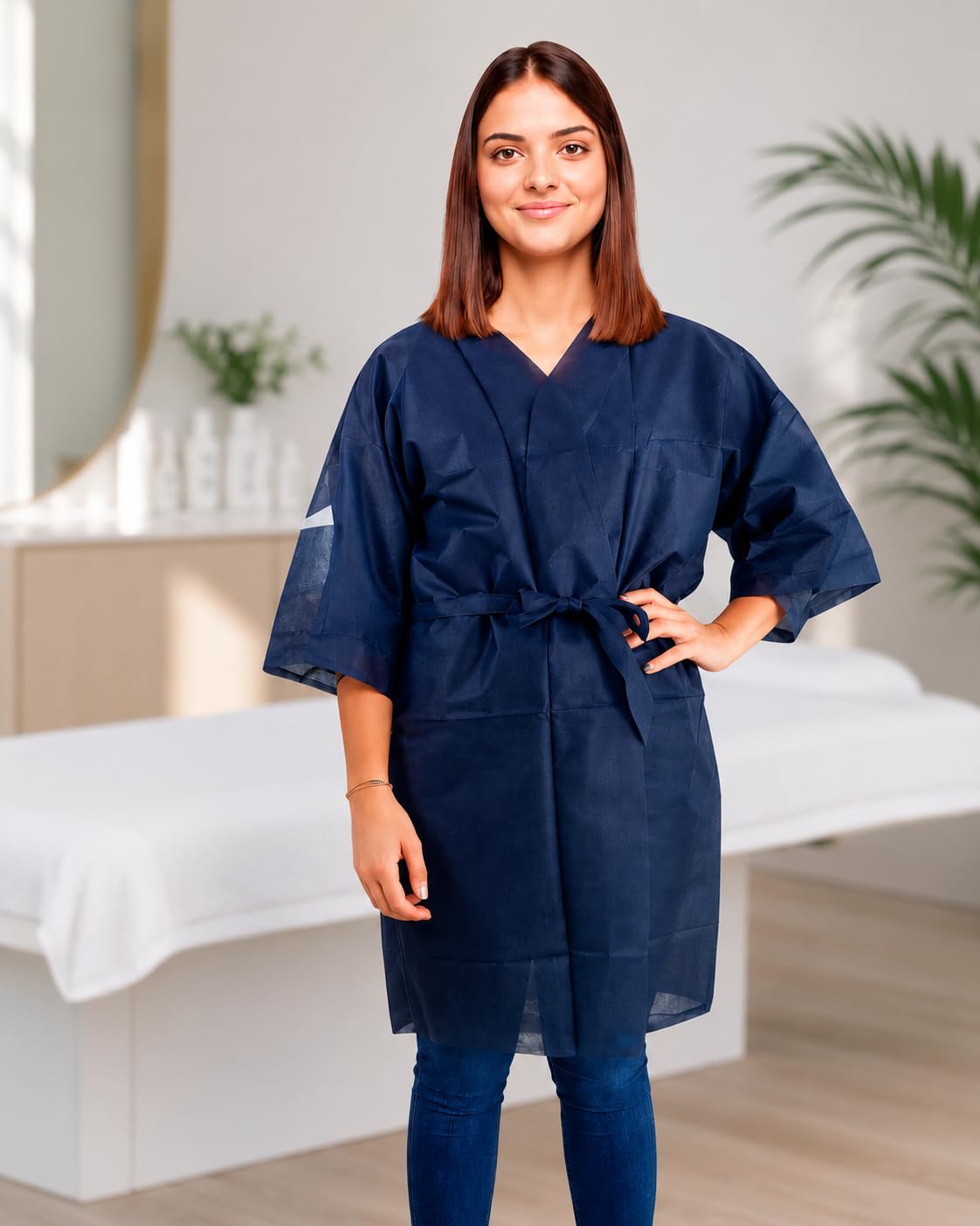 100 Batas desechables kimono de polipropileno 30 g talla única 95 cm, media manga, cierre cinturón, hipoalergénicas, uso estética, peluquería, spa y centros de belleza (Azul marino)