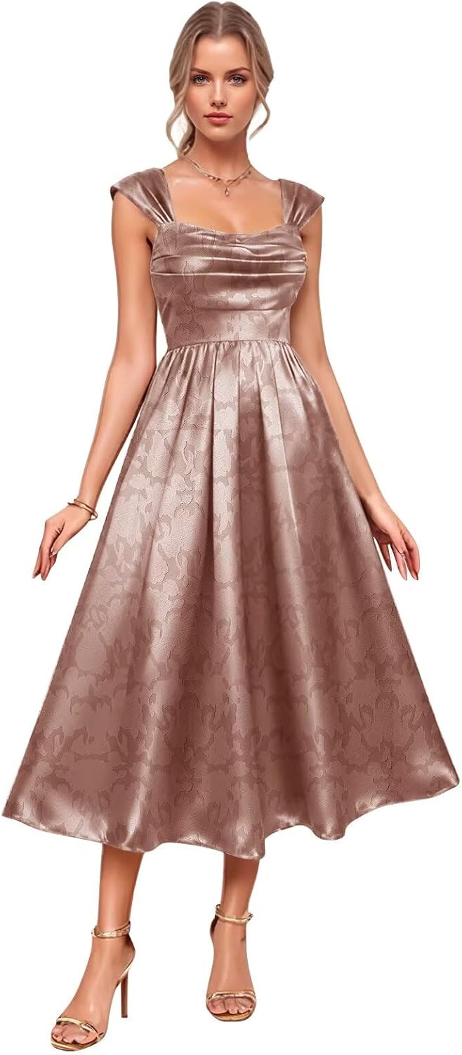Tea Length Satin Prom Dress for Women Spaghetti Straps A Line Midi Dress Pleated Formal Evening Gown with Pockets