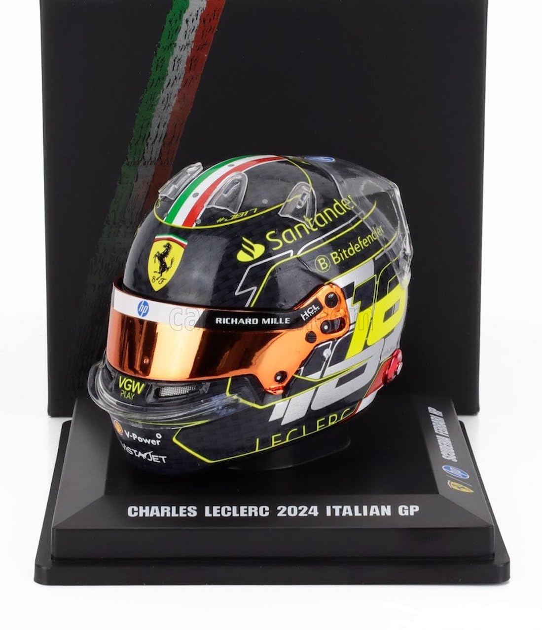 Scuderia F1 Team Offizielles LookSmart Spark Modell Charles Leclerc 2024 Special Edition Gewinner Monza 1/5 Scale Mini Helm Schwarz Gelb