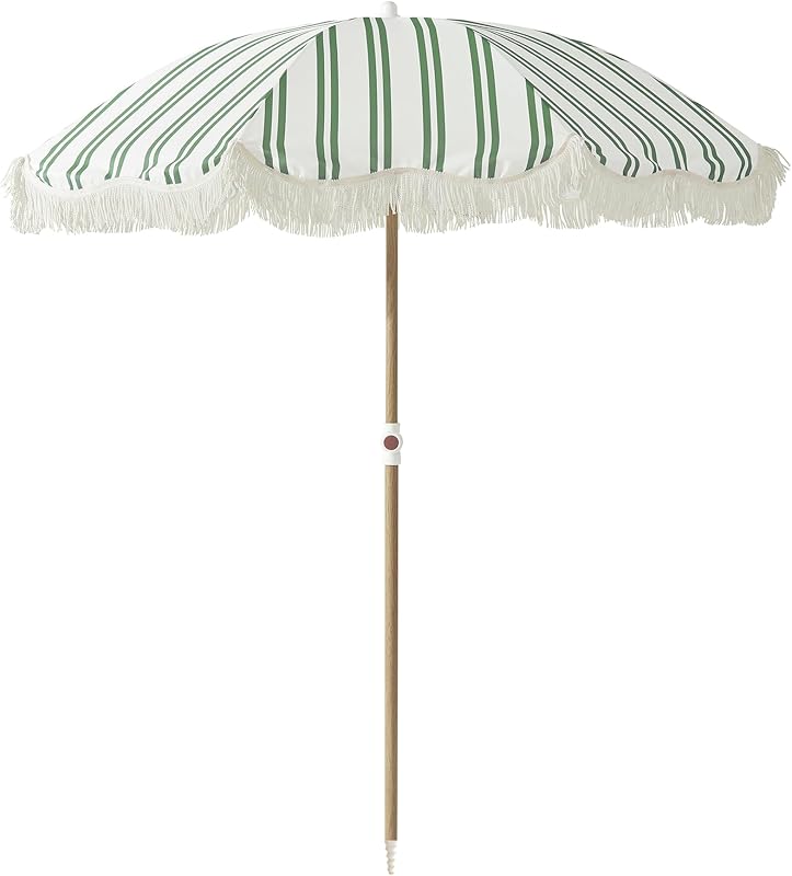 Sombrilla de playa con flecos a rayas de 6 pies, ancla de arena, parasol UPF 50+ | Inclinación ajustable y diseño portátil, sombrilla costera para playa y patio, Heritage Ocean Cypress Stripe