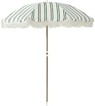 Sombrilla de playa con flecos a rayas de 6 pies, ancla de arena, parasol UPF 50+ | Inclinación ajustable y diseño portátil, sombrilla costera para playa y patio, Heritage Ocean Cypress Stripe