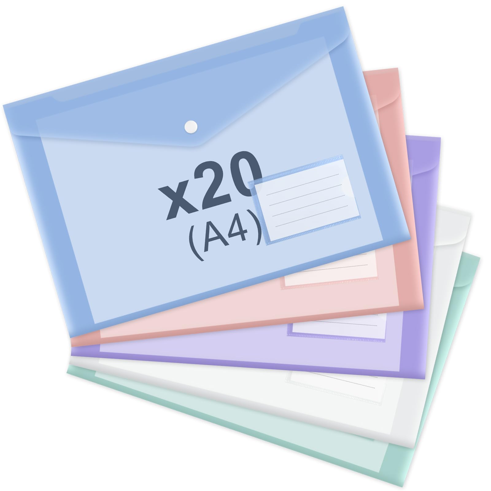 ASTARON 20 Pack Plastic Wallets A4 with Popper, Clear Document Folders Snap Envelopes with Label Pocket, A4 File Folder for School Home Work Office, 5 Colors
