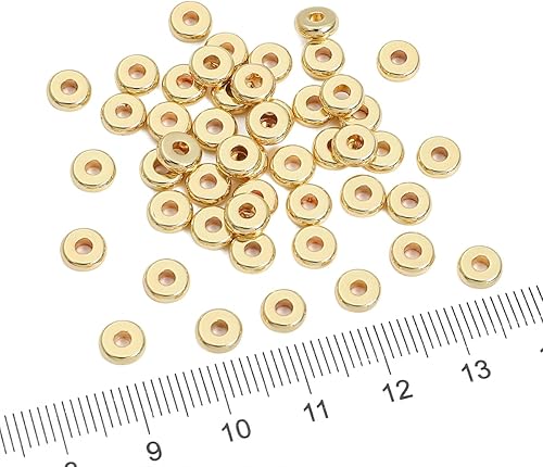 Miniatura 3 de Cuentas espaciadoras de disco chapadas en oro de 14 quilates de 0.236 x 0.079 in, 50 unidades para hacer joyas, no se deslustran