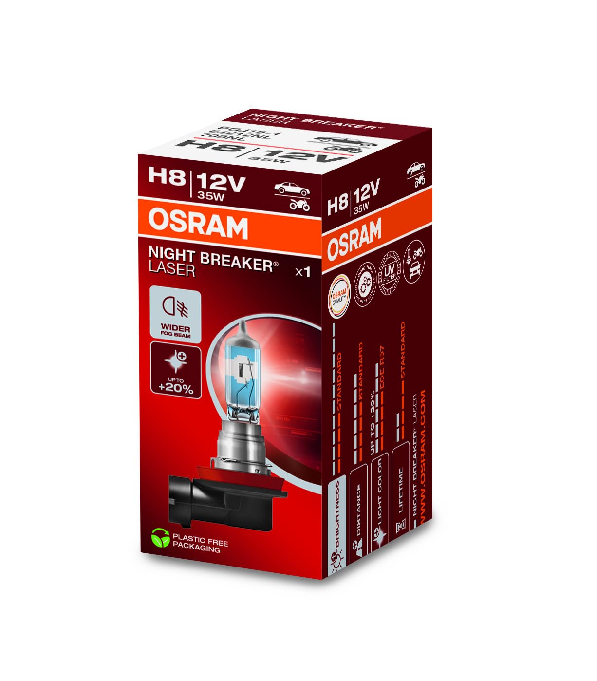 OSRAM NIGHT BREAKER LASER H8, +150% more brightness, halogen headlight lamp, 64212NL, 12V, folding box (1 lamp)