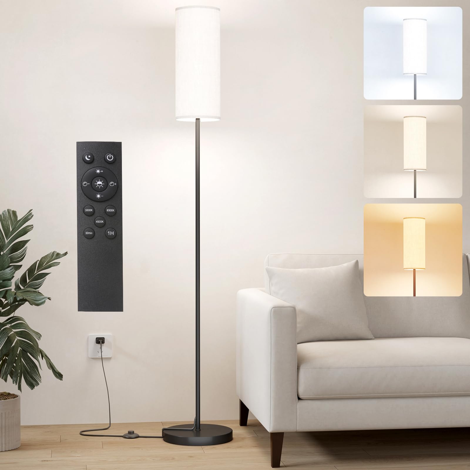 Keepsmile LED Floor Lamps for Living Room,Dimmable Floor Lamp with Remote,Custom Tall Lamp for Bedroom with 12W LED Bulb,Pole Light with Lamp Shade Foot Switch,Modern Standing Lamps for Office Dining