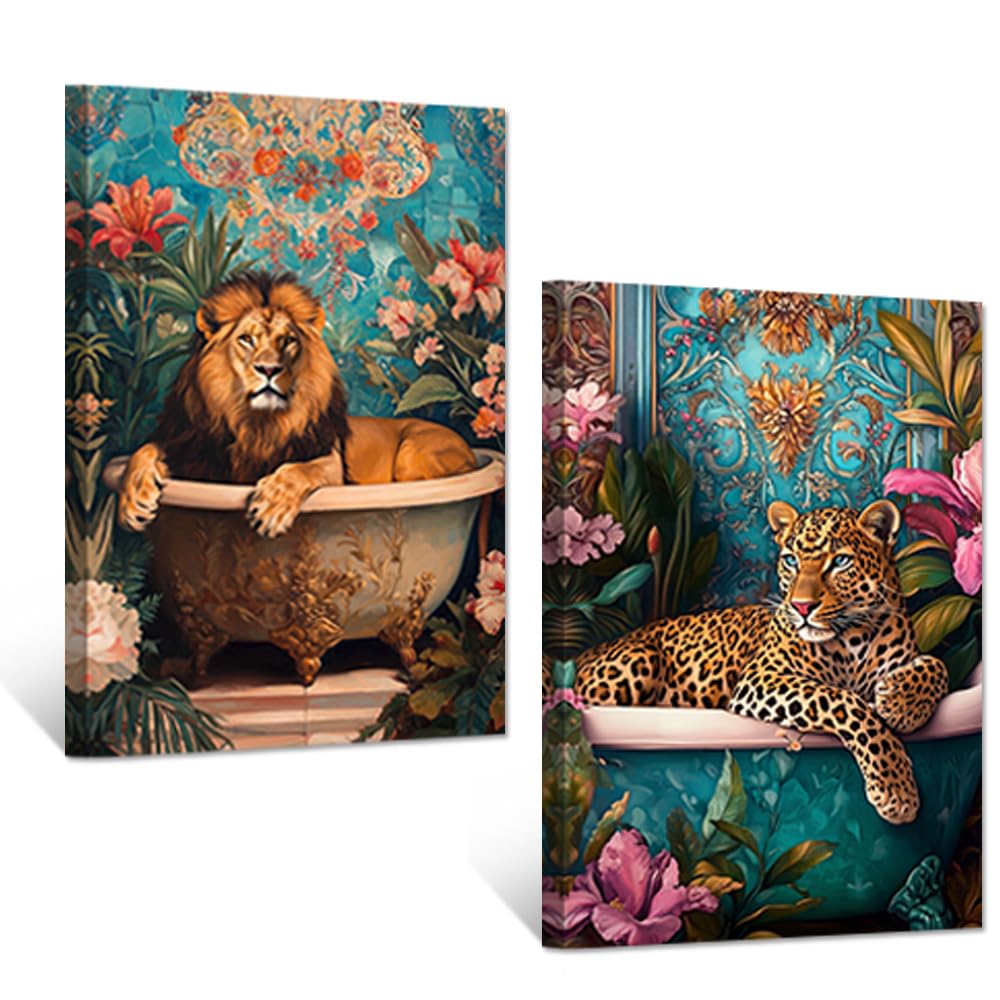 CXHOSTENT Bathroom Lion Wall Art 2 PCS Animal Bathtub Wall Decor Funny Animal Canvas Prints Leopard Pictures Wildlife Poster Restroom Decor Framed (30x40cmx2)