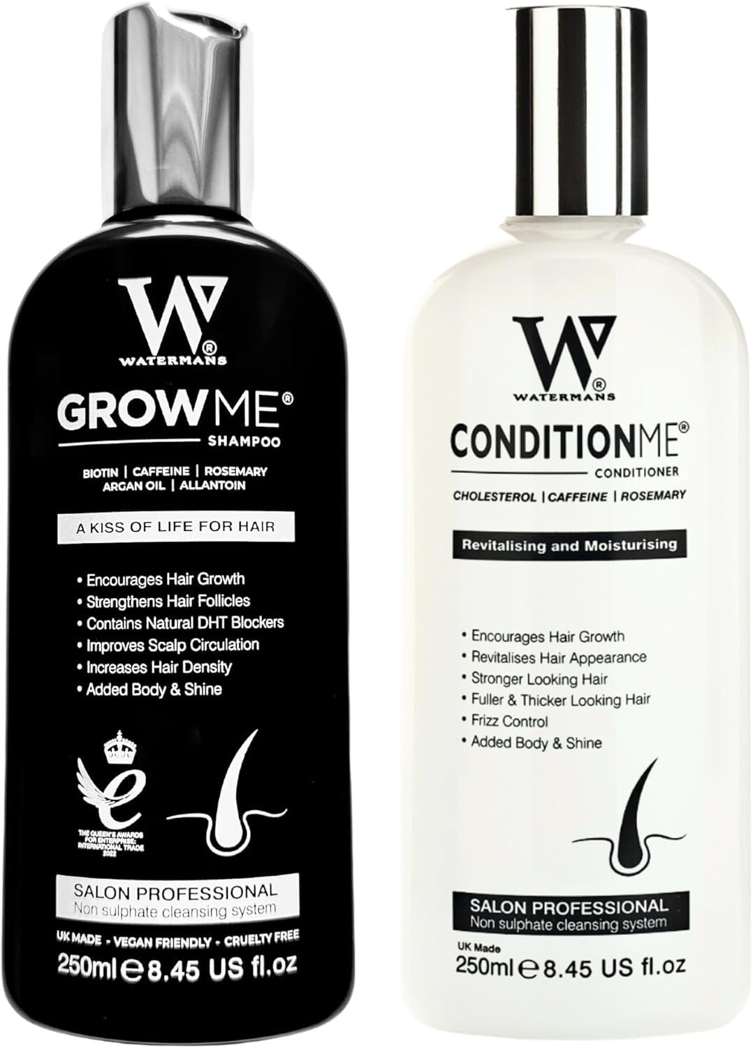 Hair Growth Shampoo & Conditioner by Watermans UK Biotin, Argan Oil, Allantoin, Rosemary, Niacinamide, Lupin. Male & Female Hair Loss Products