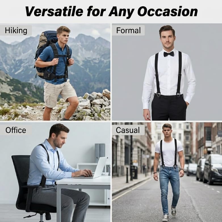 Bretelles Homme Larges 3,8 cm avec Mousquetons Triangulaires Robustes, Bretelle Élastique Réglable en Y pour Pantalon Costume Mariage Fête Travai