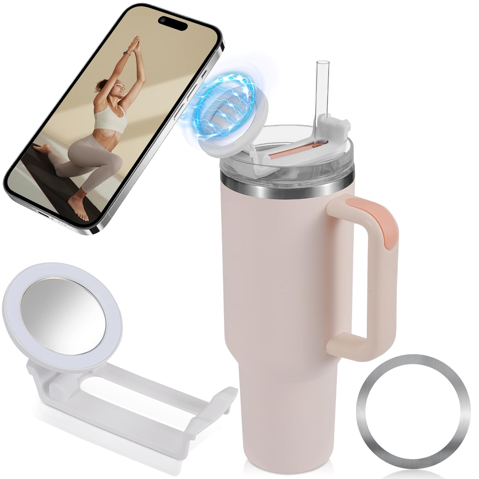 Water Bottle Phone Holder for Stanley 40oz Quencher Tumbler Cup Lid, Compatible with MagSafe, with Magnetic Ring Attachment, Phone Stand Mount,