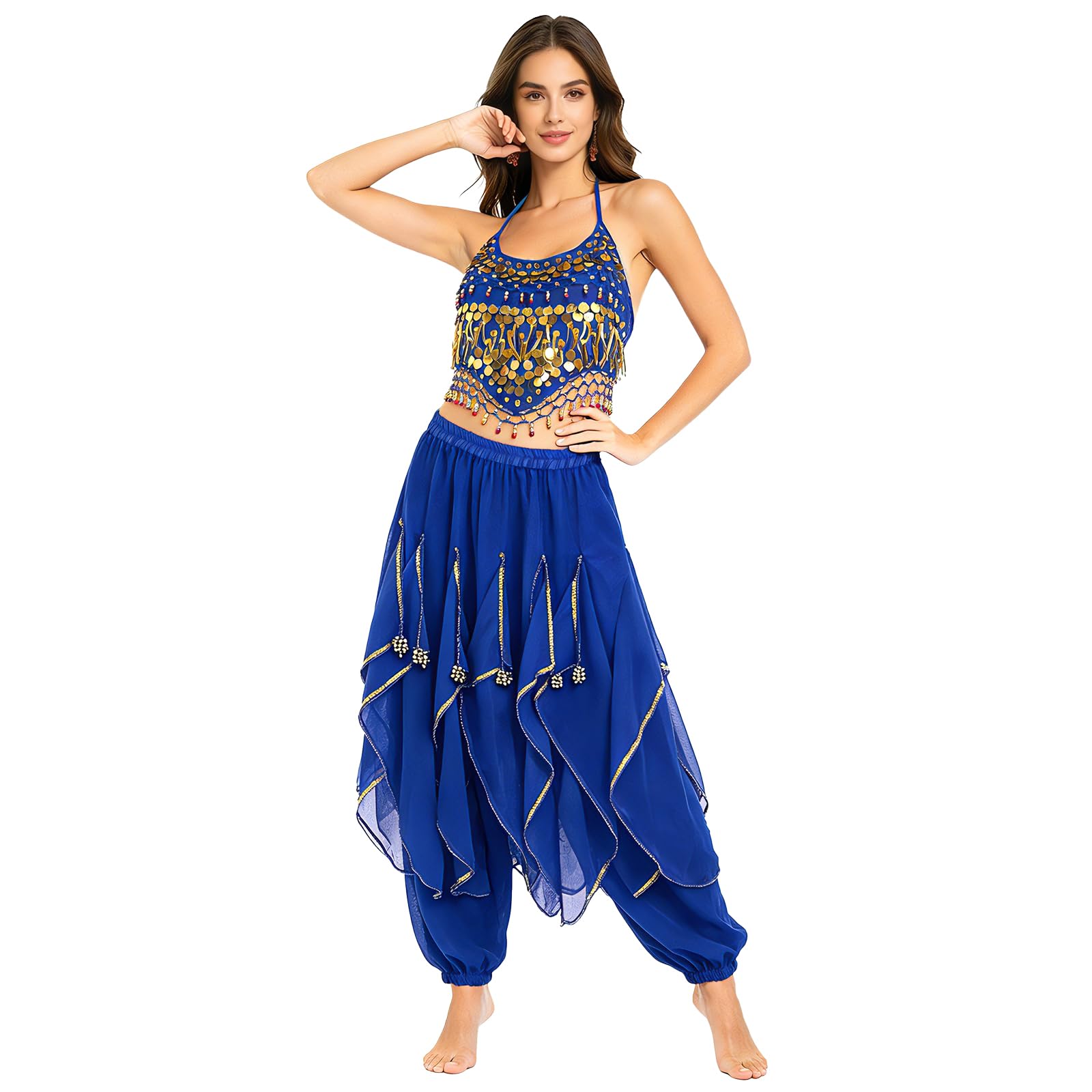 Baisdan 2 Piece Belly Dance Costume Set, Sequin Crop Top Harem Pants Set for Arabian Indian Halloween Carnival Dance Performance Dark Blue