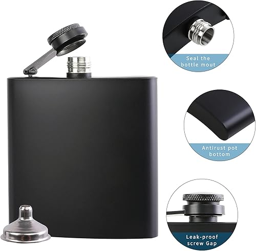 Miniatura 3 de 10 unidades de frasco de cadera para licor negro 6oz acero inoxidable a prueba de fugas con 10 embudo para regalo, camping, fiesta de boda, regalos