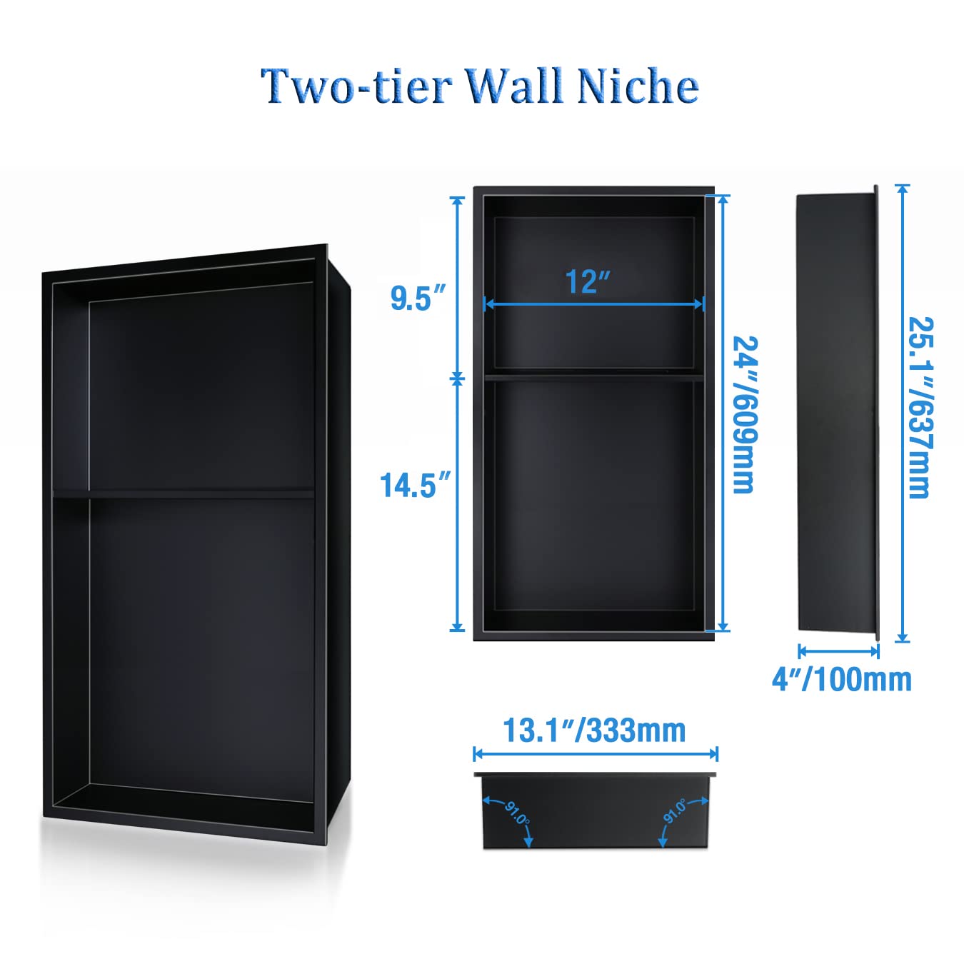 Neodrain No Tile Matte Black Shower Niche, Stainless Steel Wall Niche 13.1"X 25.1"(Inner Size 12"X24"), Two-Tier Bathroom Shelf, NO Tile Needed Recessed Niche Shower for Bathroom Storage,Black