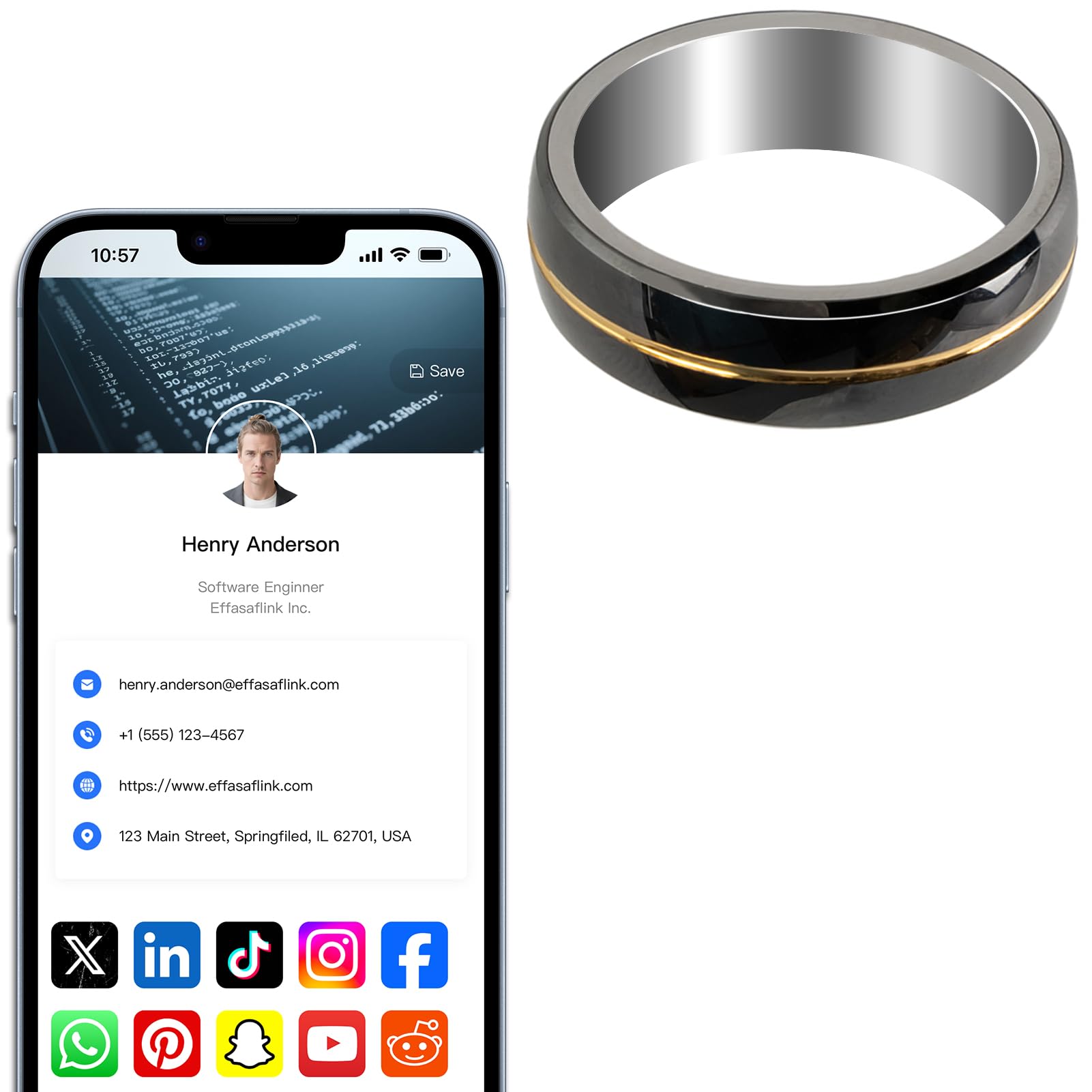 Customized Online Profile, Digital Business Card, Tungsten Steel NFC Ring, Tap to Share Social Information, for iPhone & Android (Gold & Black, US#10)