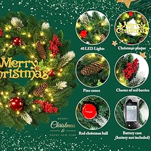 18 Inches Pre-Lit Artificial Christmas Wreath, Lighted Christmas Wreaths for Front Door with Battery Operated 45 LED Lights, Outdoor Christmas Wreath Decorated with Pine Cones, Berry Clusters 18 Inches Pre Lit Artificial Christmas Wreath Lighted Christmas Wreaths for Front Door with Battery Operated 45 LED Lights Outdoor Christmas Wreath Decorated with Pine Cones Berry Clusters