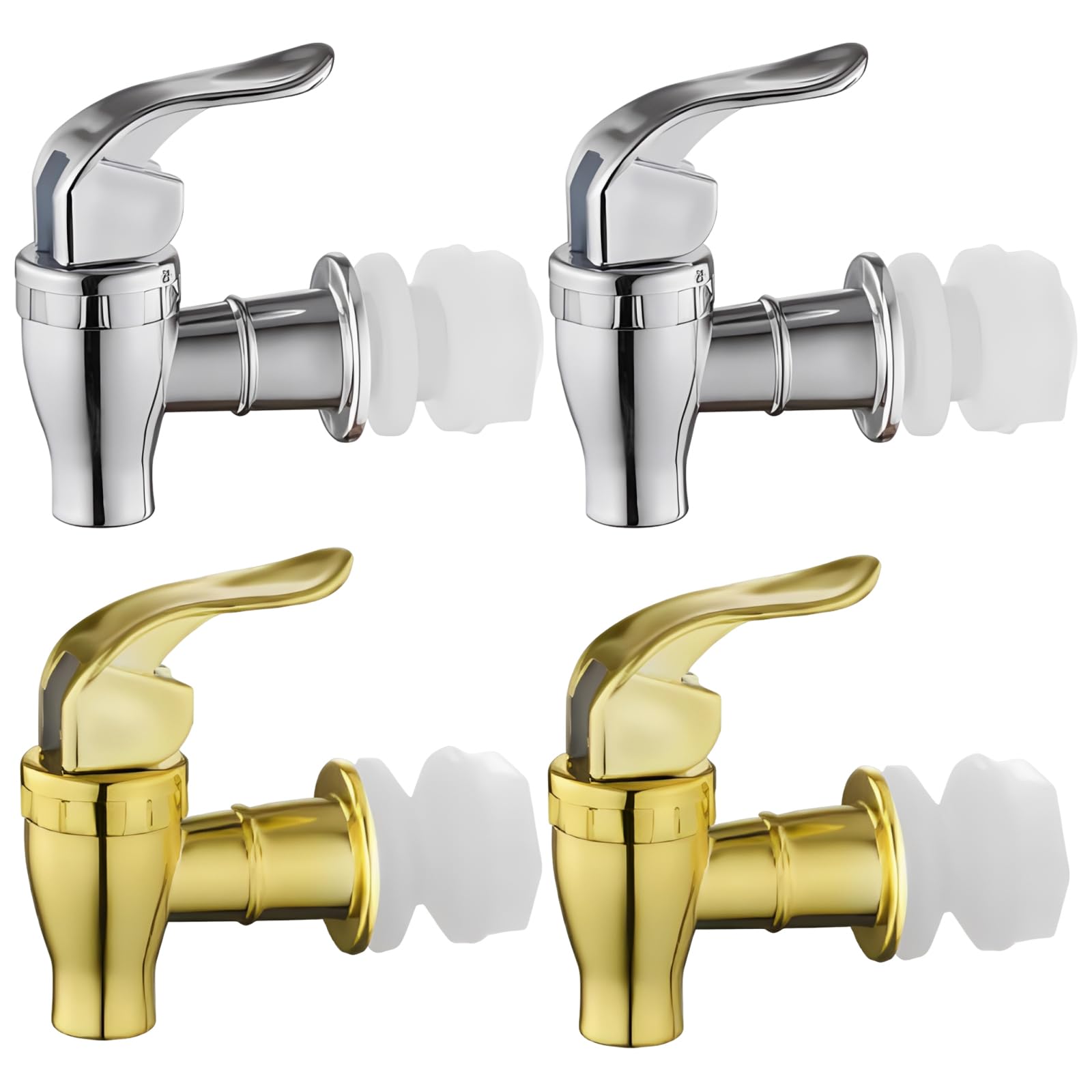 Water Butt Tap Replacement, Waterbutt Taps Set of Four, Gold and Silver Finish Taps for Beverage Dispensers, Durable Chrome Plated Construction, Suitable for Home and Outdoor Use