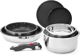 ROSSETTO Batterie de cuisine 7 pièces induction inox poele Set de casseroles avec poignées amovibles, poêle antiadhésive sans PFAS de 20/26 cm et casserole de 16/20 cm, résistante au four