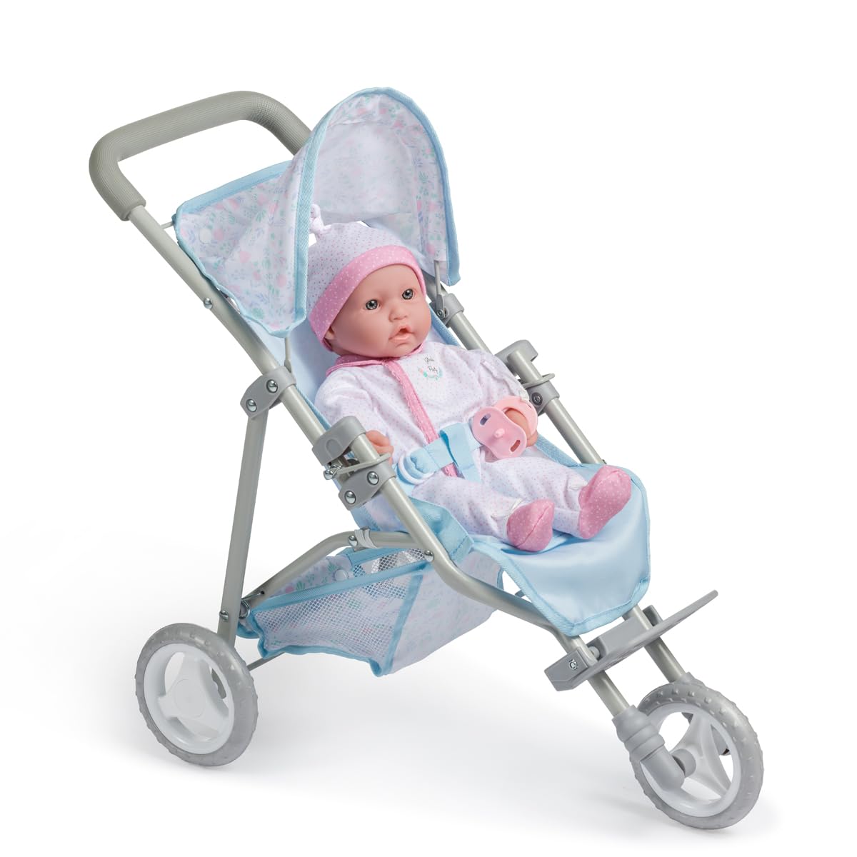 JC Toys Poussette Pliable à 3 Roues, pour poupées jusqu'à 45 cm, avec Panier et Capote, idéale pour Jouer et se Promener, Bleu avec décoration Florale, conçue par Berenguer, +3 Ans