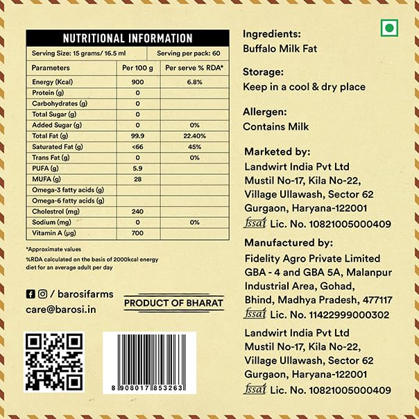 Image of BAROSI [Premium A2 Buffalo Ghee 1 Litre] Danedar Desi Ghee | Vedic Bilona Method | Grass-Fed | Curd-Churned | Cultured Ghee | Pure, Natural & Healthy (Glass Bottle 1000 ml) (Pack of 2)