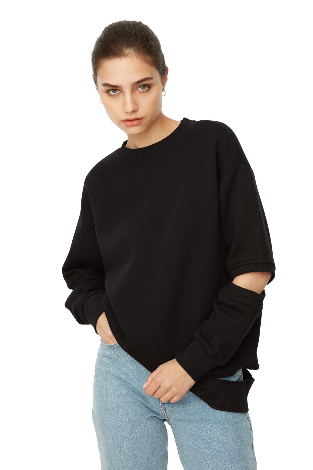 Trendyol FeMan Boyfriend Basic Crew neck Knit Sweatshirt Schwarz