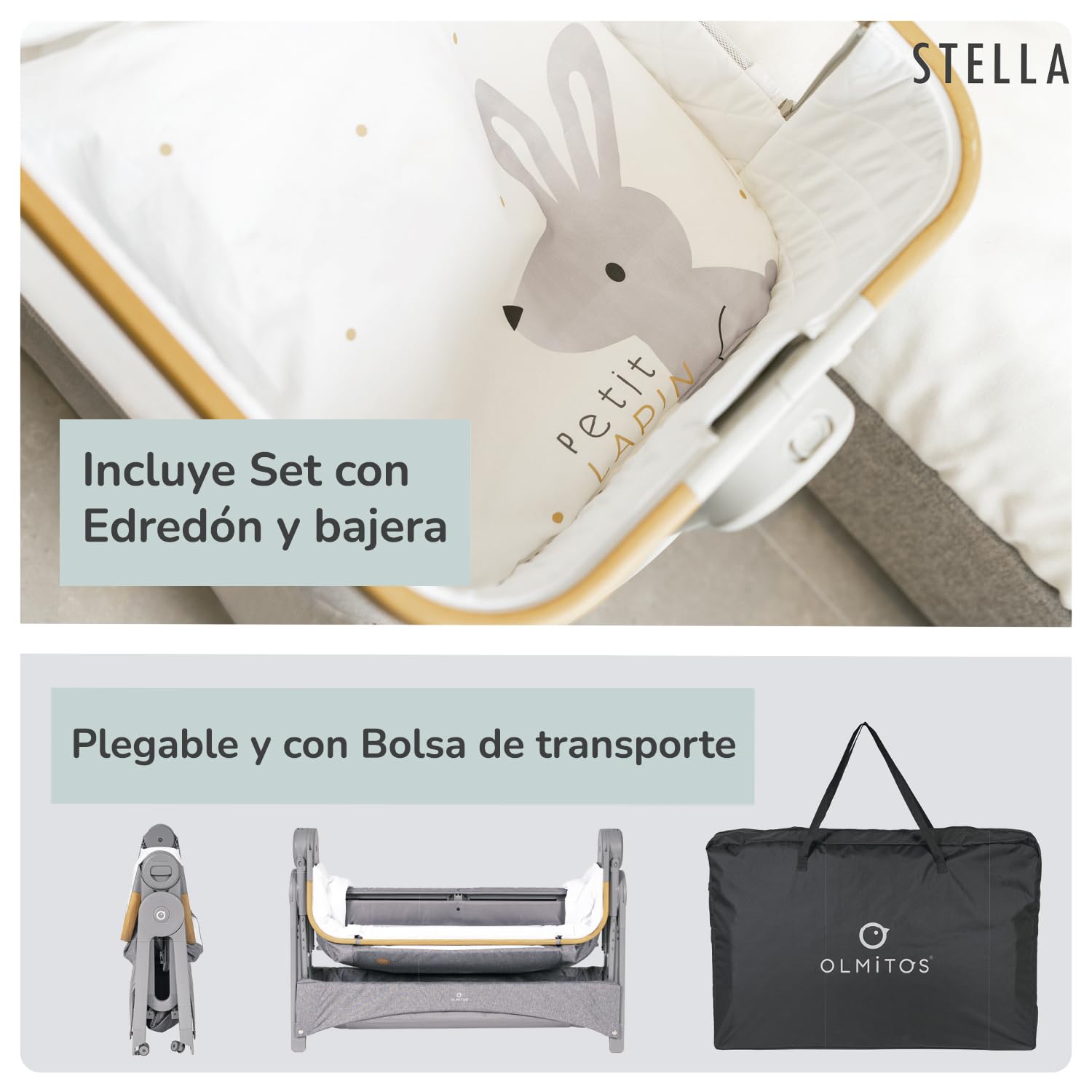 Olmitos - Minicuna de Colecho Stella – Cuna Bebé 2 en 1 Desde el Nacimiento, Altura Ajustable, Lateral Abatible, Incluye Edredón y Bajera - con mosquitera (Gris)