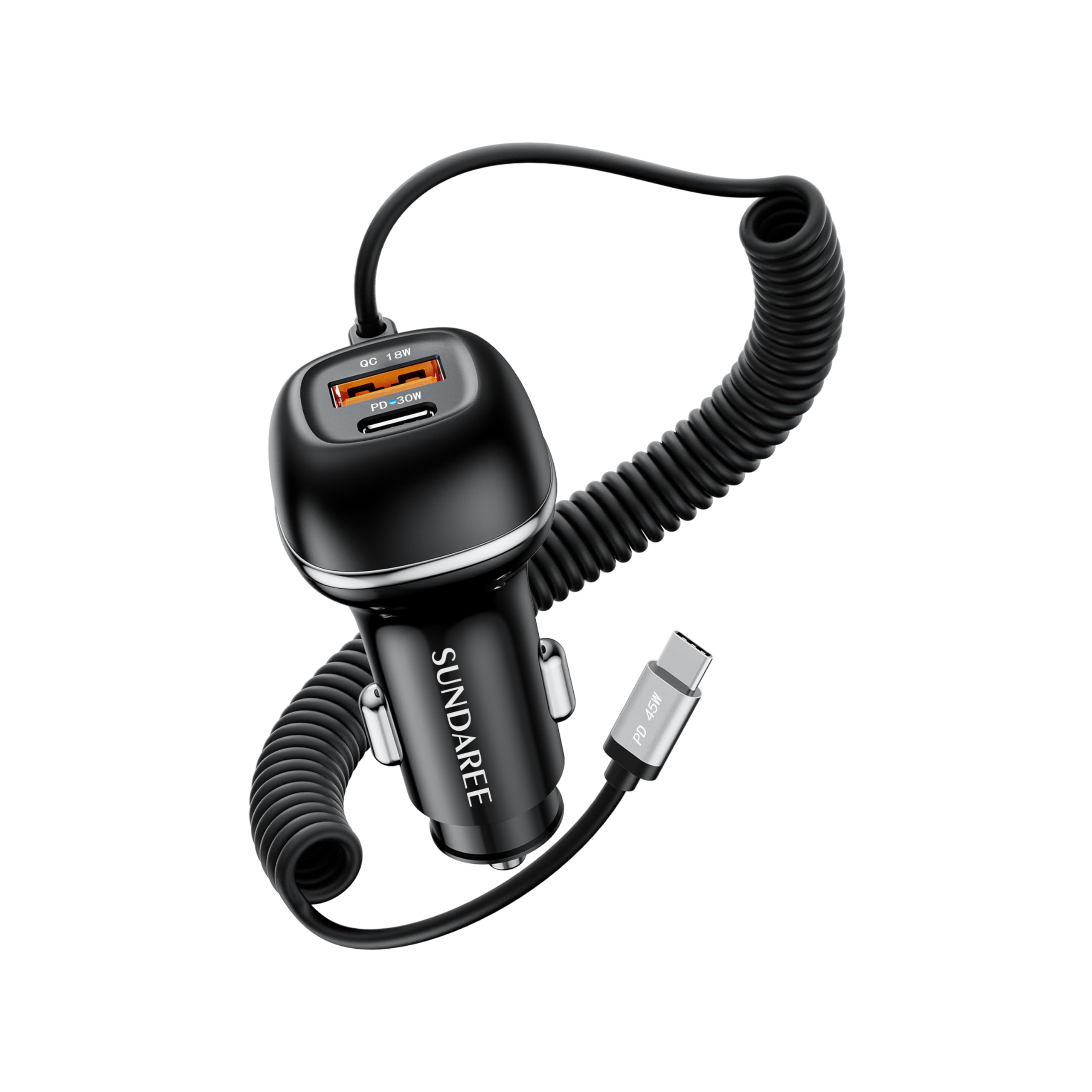SUNDAREE 96W USB C Car Charger Three Port Cigarette Lighter Adapter PD 45W PPS33W & QC3.0 18W 6ft Type C Coiled Cable Fast Charging iPhone 16/15/14/13 Smartphones S23/S22/S21 Android ipad