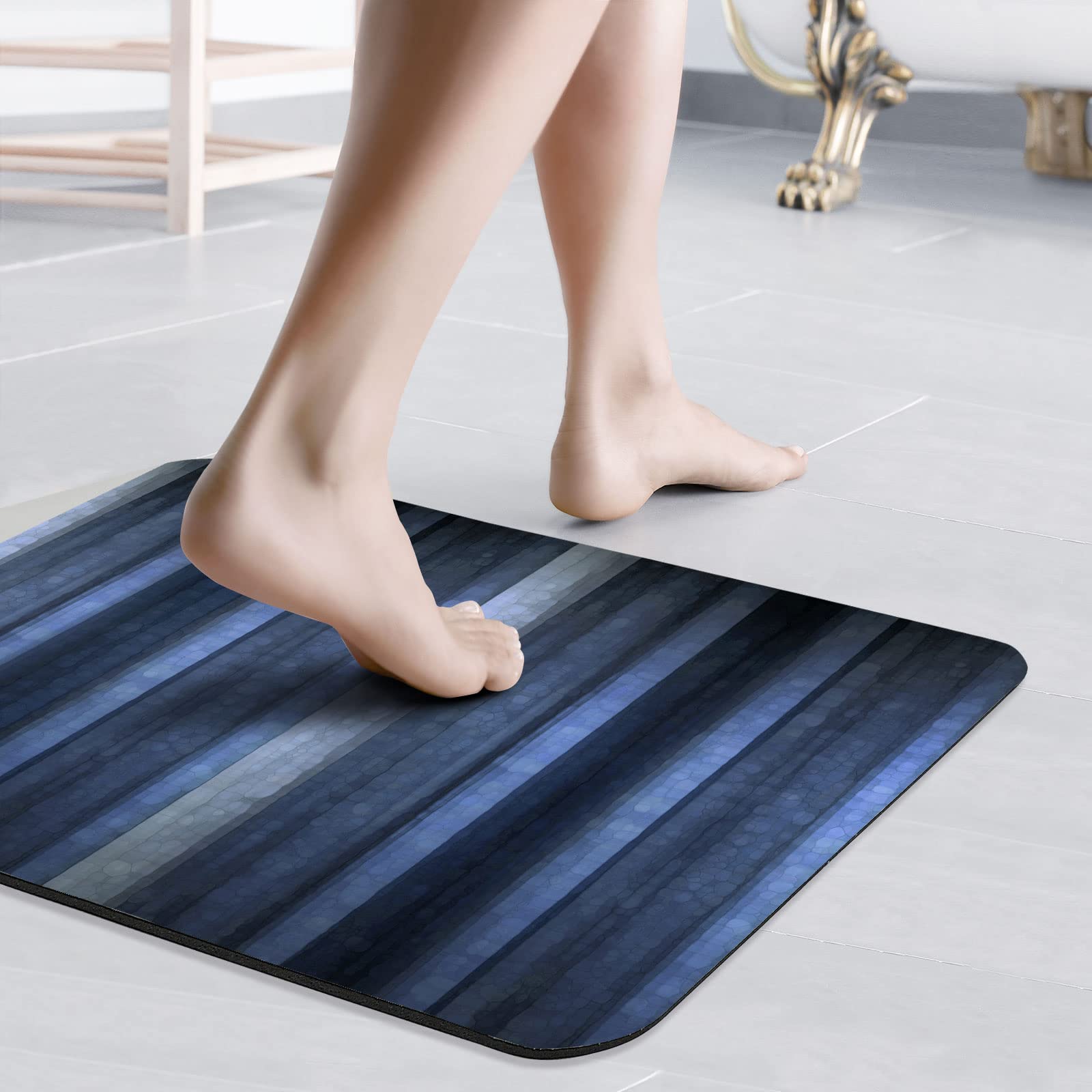 Gibelle Bath Mat Rug Super Absorbent Quick Dry Thin Bathroom Rugs Fit Under Door Non Slip Rubber Backed Bathroom Floor Mat for in Front of Bathtub Sink Shower (20"x32", Navy Blue Striped)